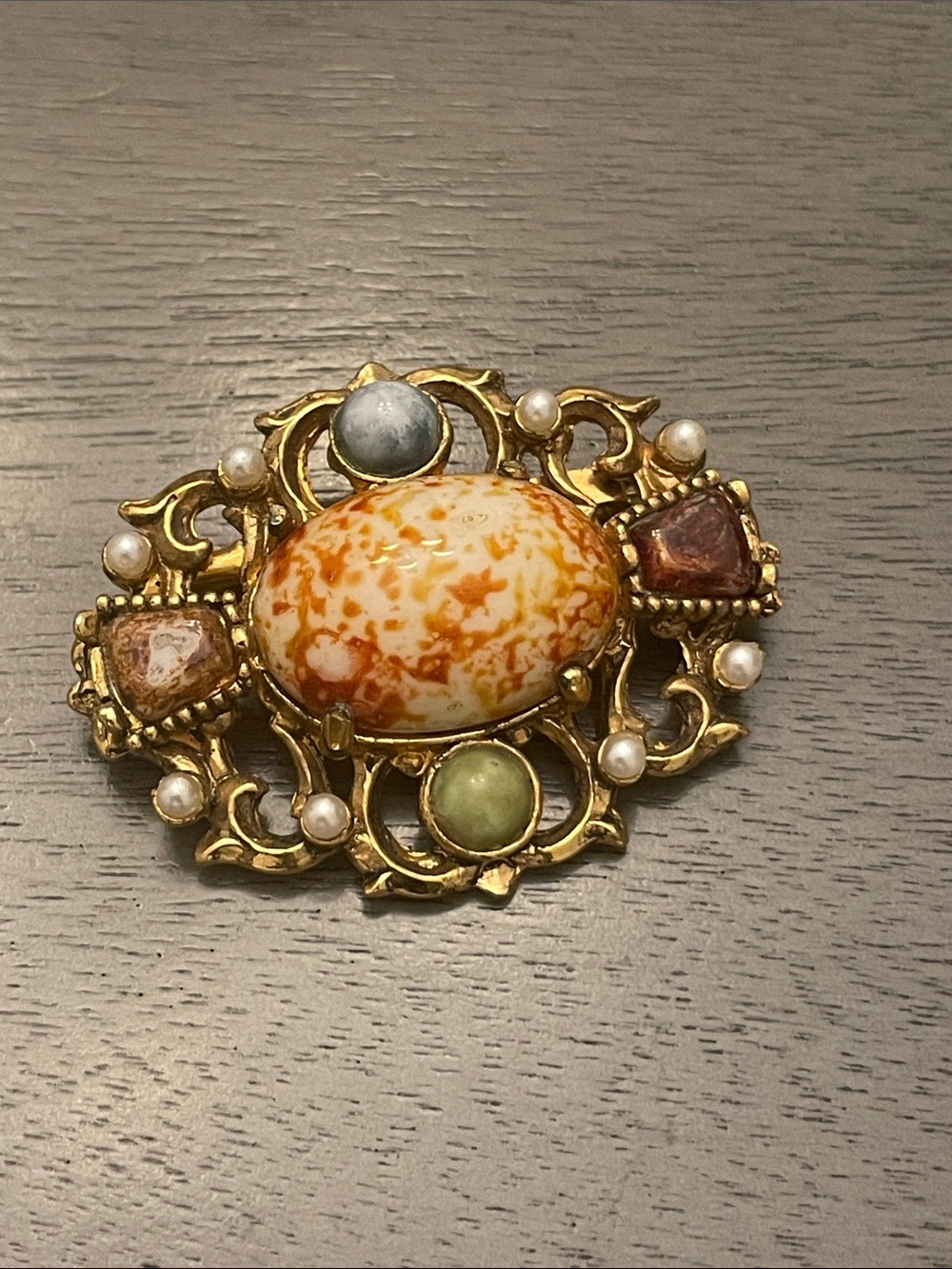 Gold Tone Cabochon Faux Pearl Brooch Pin Ornate Romantic Statement Victorian